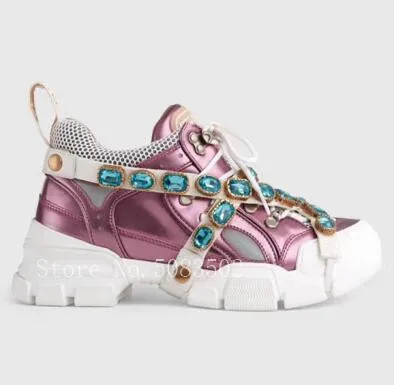 Fashion Genuine Leather Air Mesh Clunky Sneakers Glitter Crystal Belt Women Casual Shoes Sport Shoes tenis feminino - Цвет: as pic