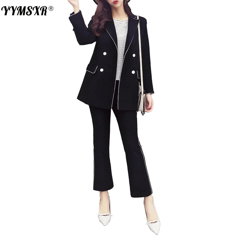 

2021 High-quality Temperament Black Pants Suits Feminine Casual Double-breasted Elegant Ladies Blazer Two-piece Fashion Trousers