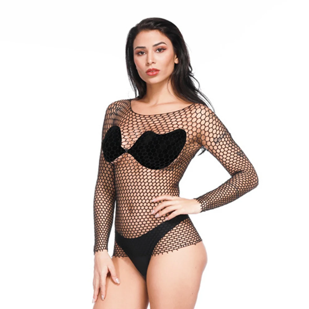 

Plus Size Sexy Fishnet Lingerie For Women Hot Erotic Hollow Out Mesh Long Sleeves Teddy Bodysuits Elegant Seductive Underwear