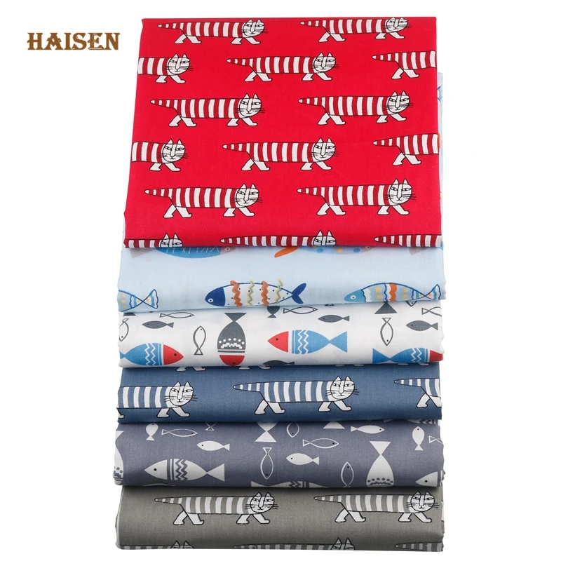 6 шт./лот мультяшная серия Кот и рыба саржевая хлопковая ткань Лоскутная Ткань