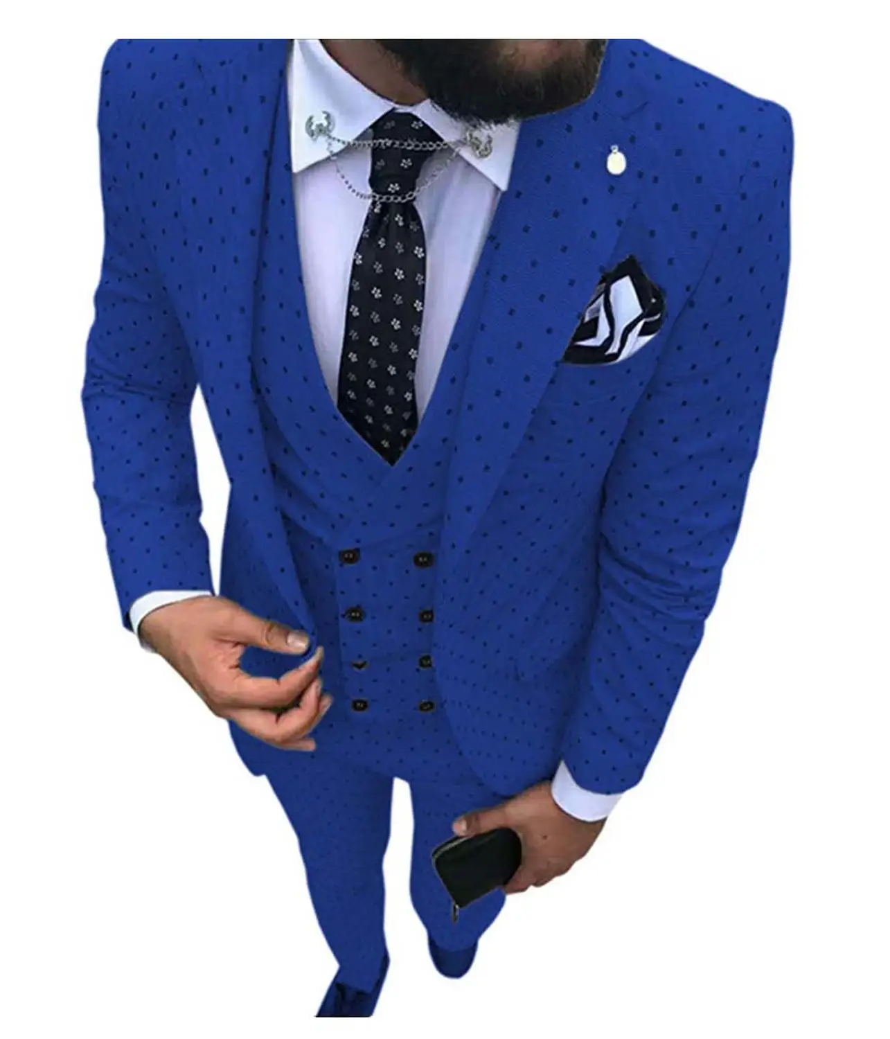 royal blue Мужские костюмы с волнистыми точками из трех предметов, мужские Нарядные Костюмы, повседневные деловые костюмы для путешествий(Блейзер+ жилет+ брюки - Цвет: royal blue