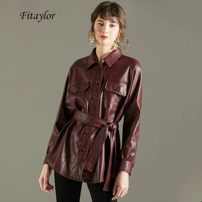 

Fitaylor Women Faux Soft Leather Loose Jacket Single Breasted Turndown Collar Biker Overcoat Female Street Outerwear With Belt