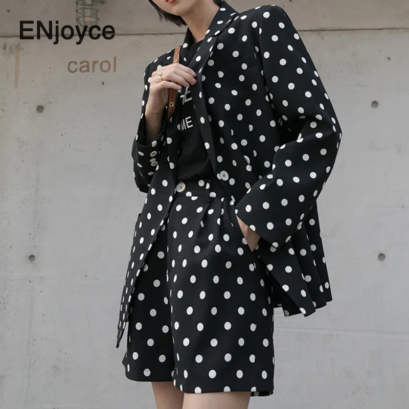 2020 Spring Summer Vintage Polka Dot Printed Blazer Shorts Women Casual Wide Leg Female Blazers Elegant Office Ladies Set | Женская