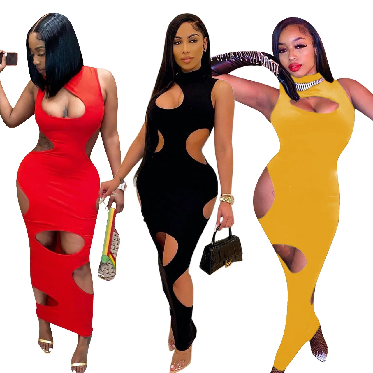 

Рваные женское платье 2021 летние однотонные с высоким, плотно облегающим шею воротником, без рукавов, сексуальные леди для похудения талии о...