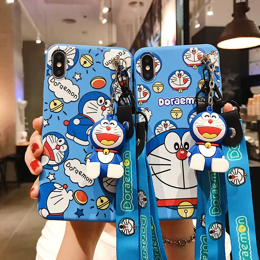 

Cute Cartoon Doraemon Wrist Stand Lanyard Soft Silicon Cover Case For Iphone 12 11 6 7 8 Plus X XR XS MAX Fashion Phone Coque