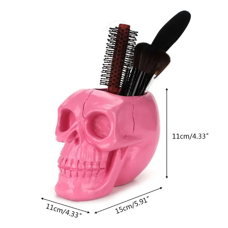 

Creative Pink Skull Ornament Skeleton Pen Holder Desktop Pencil Organizer Makeup Brush Storage