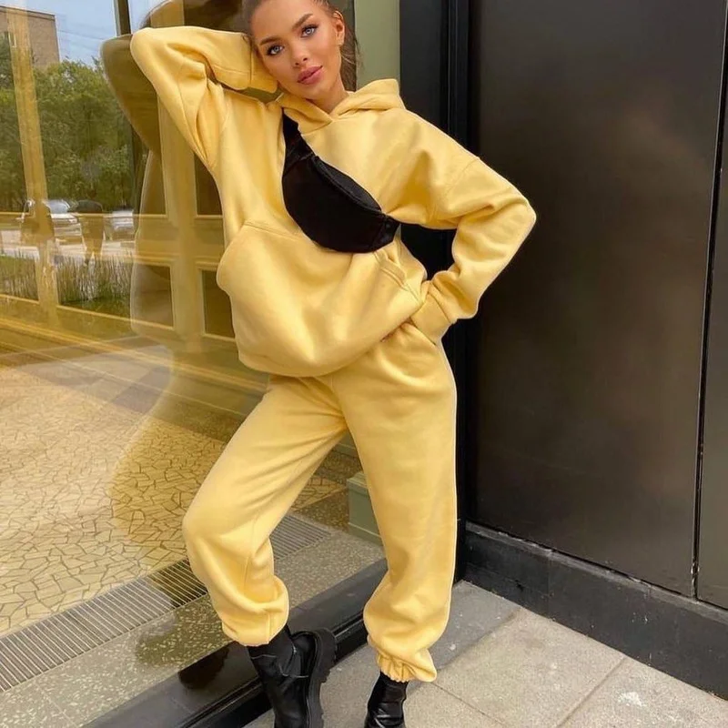 

Green Two Piece Sets Elegant Solid Color Oversized Warm Hoodies and Long Pant Sports Suit Autumn Winter Tracksuit Hip Hop Street