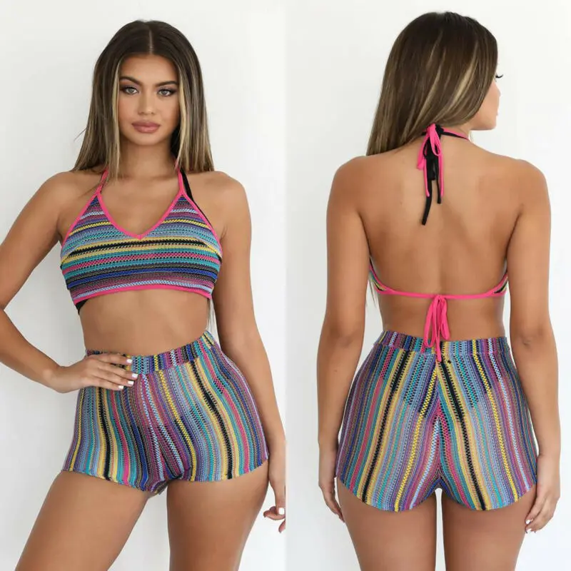 

Sexy Women See Through Sheer Mesh Crochet Straps Backless Ranibow V-Neck Crop Tops+Shorts+Pants Clubwear Holiday Bikini Cover Up