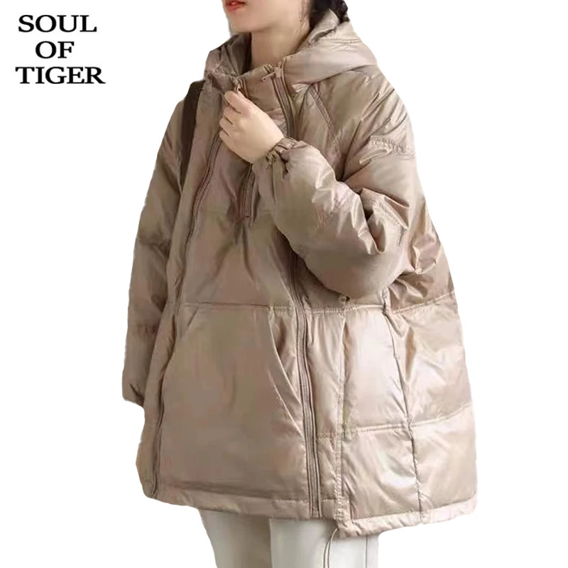 SOUL OF TIGER 2021 Winter Korean Design Streetwear Punk Pockets Female Jackets Duck Down Loose Padded Womens Parkas Warm Coats