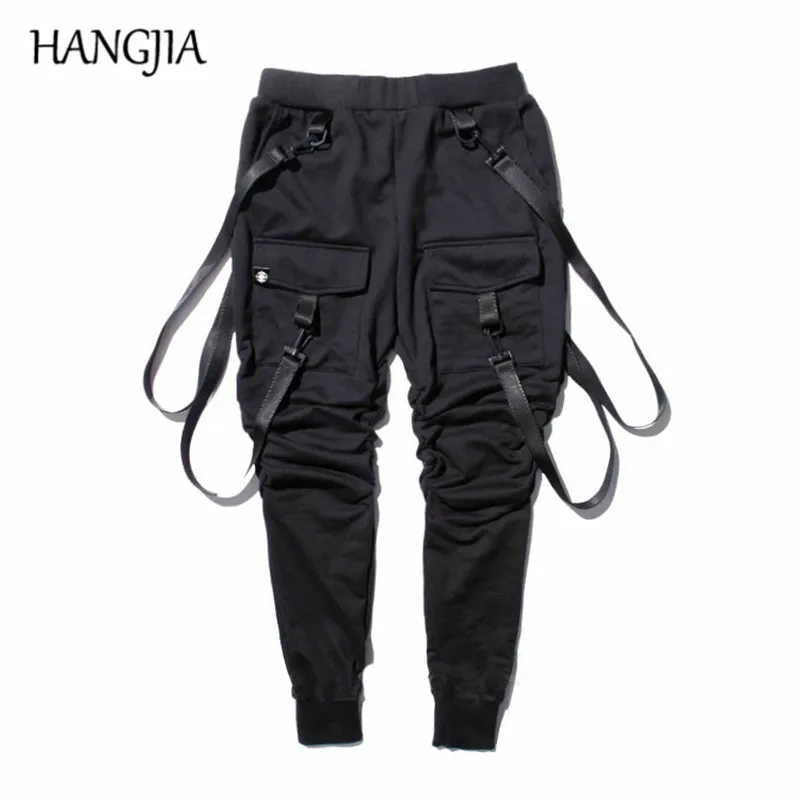 Мужские черные спортивные брюки карго с ремешками Джоггеры в стиле хип хоп и