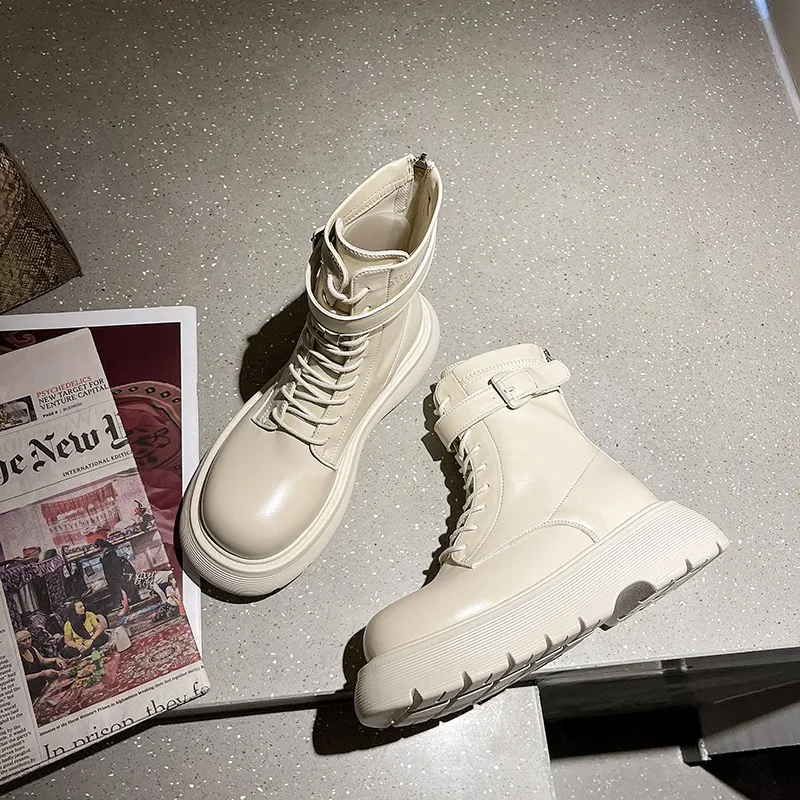 2022 winter new women's sports ankle boots thick-soled motorcycle boots flat shoes fashion lace-up casual PU leather shoes