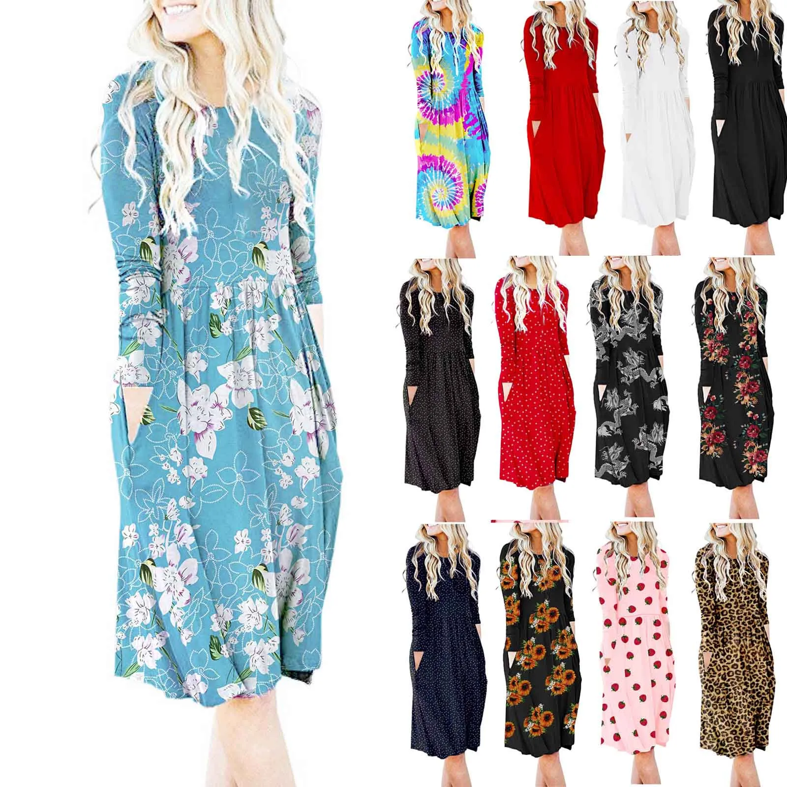 

Fashion Autumn Women's Dress Casual Long-sleeved O-neck Pocket Personalized Printing Waist Waist Ladies Dress 2021 Robe Femme