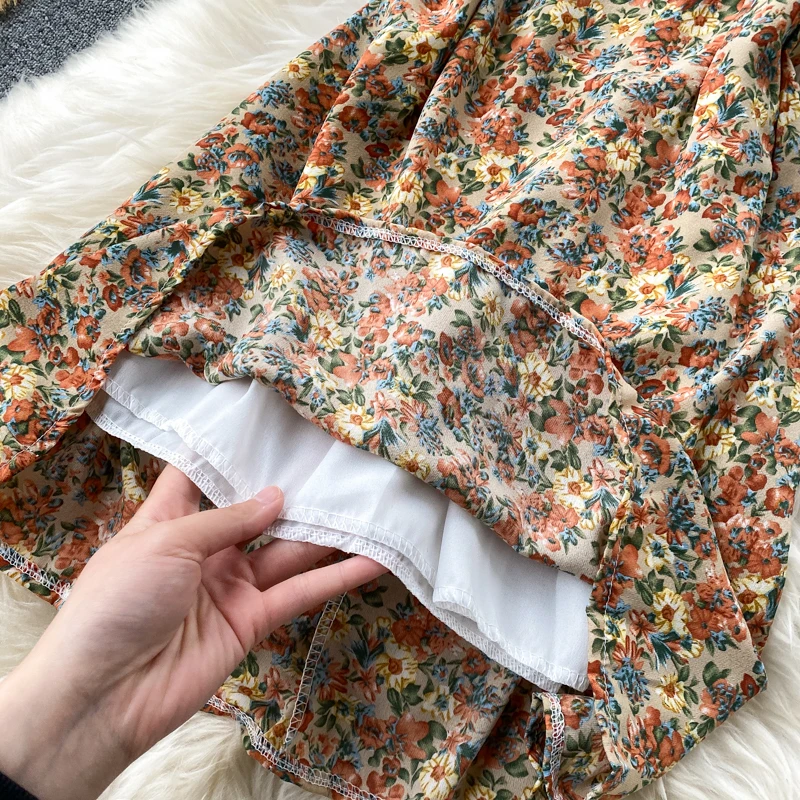 

202020popular Women's Clothes New Internet Celebrity Contrast Color Large Lapel Stitching Fashionable Short Sleeve Floral Dress