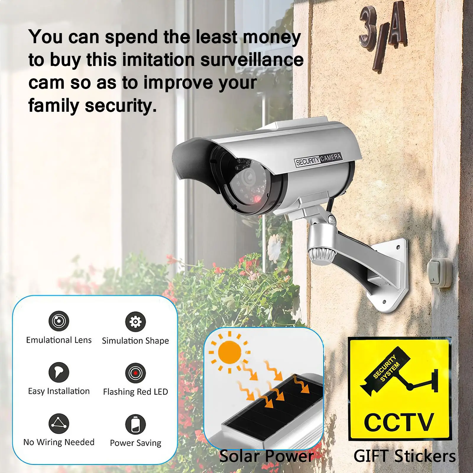 

Powered Simulation Monitor 360 Degrees Silver Fake Camera Imitation Surveillance Cam Dummy Security Camera Battery/Solar