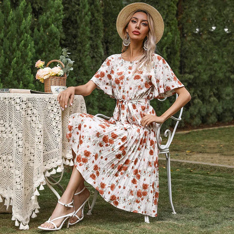 

Summer Dresses Female New Casual O-Neck Flared Sleeve Chiffon Lacing Midi Dress Sexy Spring Autumn Women's Printing Ball Gown