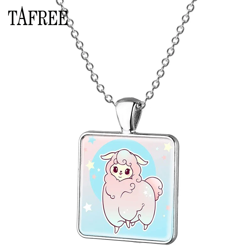 TAFREE Creative Cartoon Alpaca Picture Square Necklace Glass Cabochon Little Sheep Pendant Jewelry Women YT01 | Украшения и