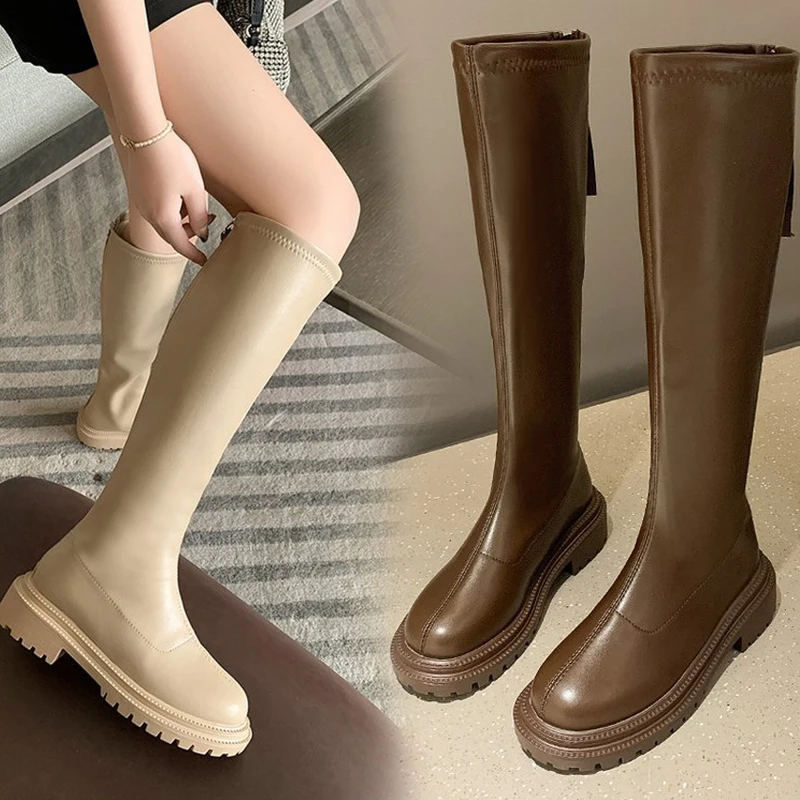 Women's Warm Plush High Boots, Women's Leather Snow Boots, Round-Toe Flat-Bottomed Casual Warm Boots, Autumn and Winter 3cm