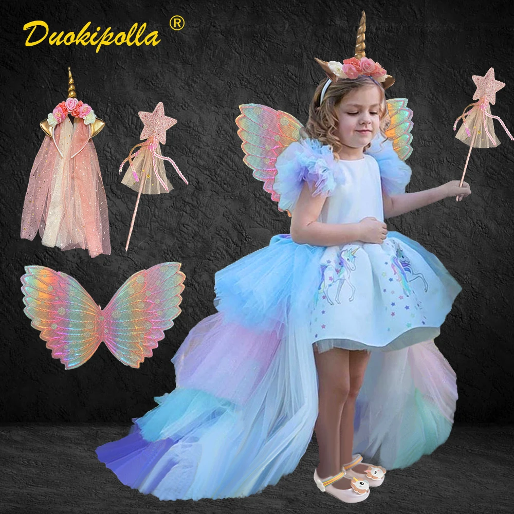 Christmas Birthday Party Unicorn Dress Halloween Unicorn Costume Child Fluffy Girl Fairy Long Tail Dresses Unicorn Accessories