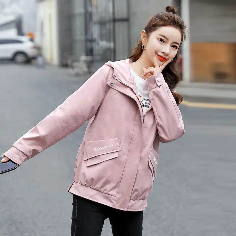 Осенняя Женская ветровка с капюшоном на молнии длинным рукавом Повседневная