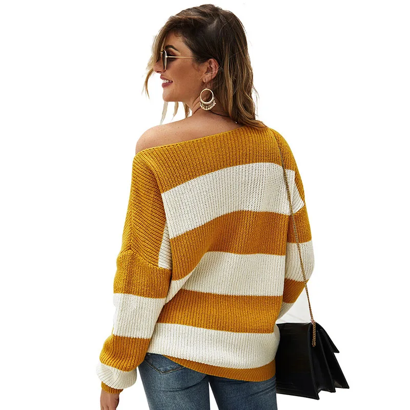 Autumn Women Off The Shoulder Pullovers Jumpers Sexy Striped Sweater Knitted Loose Casual Warm 2019 Mujer Pullover | Женская одежда