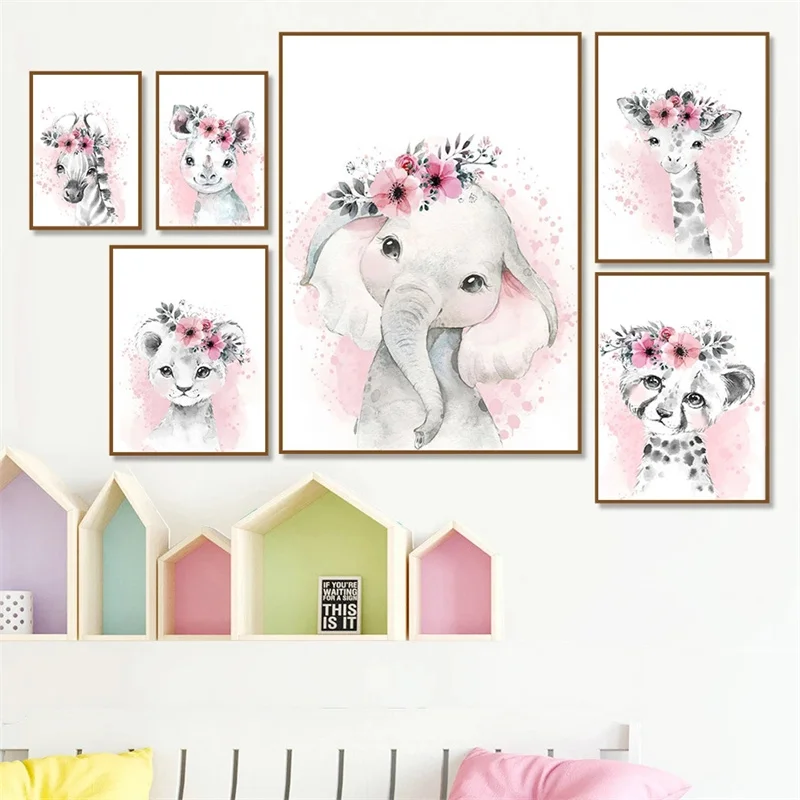 

Watercolor Flower Animal Canvas Painting Nursery Baby Pink Wall Art Nordic Posters Prints Zebra Elephant Giraffe Decor Pictures