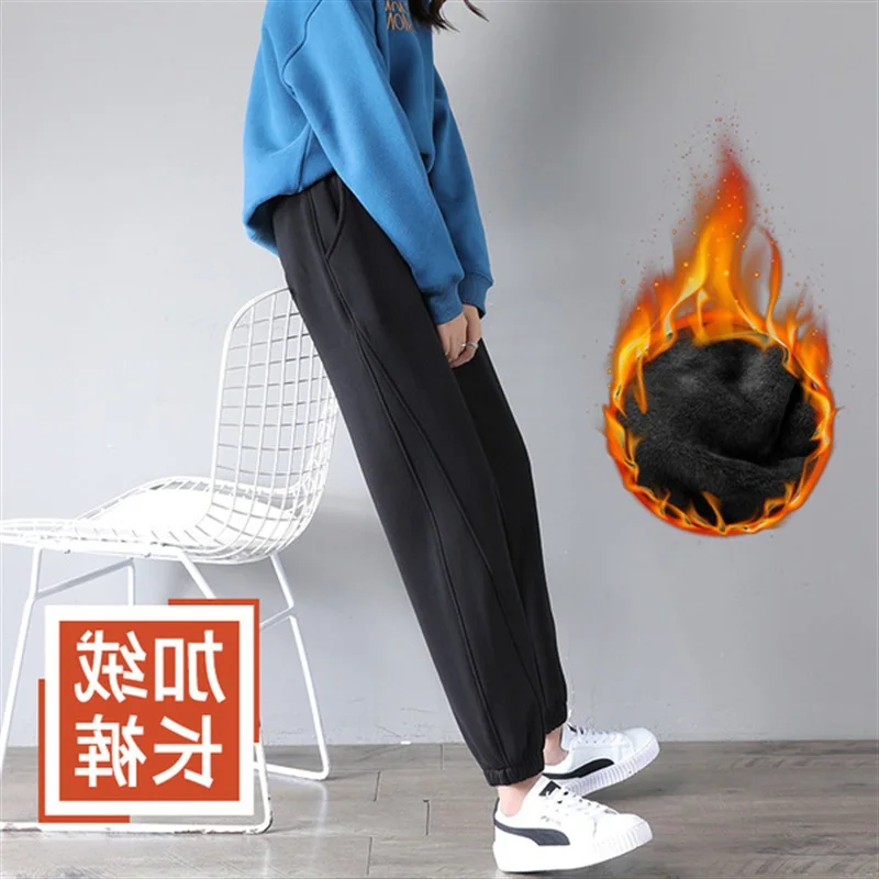 

Harem Pants Women's Autumn and Winter 2021 Loose Tappered Straight Slimming All-Matching Fleece-Lined Thickened Outer Wear
