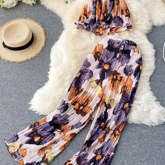 

Women 2021 Summer Printed Cropped Tops +Wide Leg Pants Set Female New Fashion Pleated Long Pant Two Pieces Sets Ladies Suit Y26