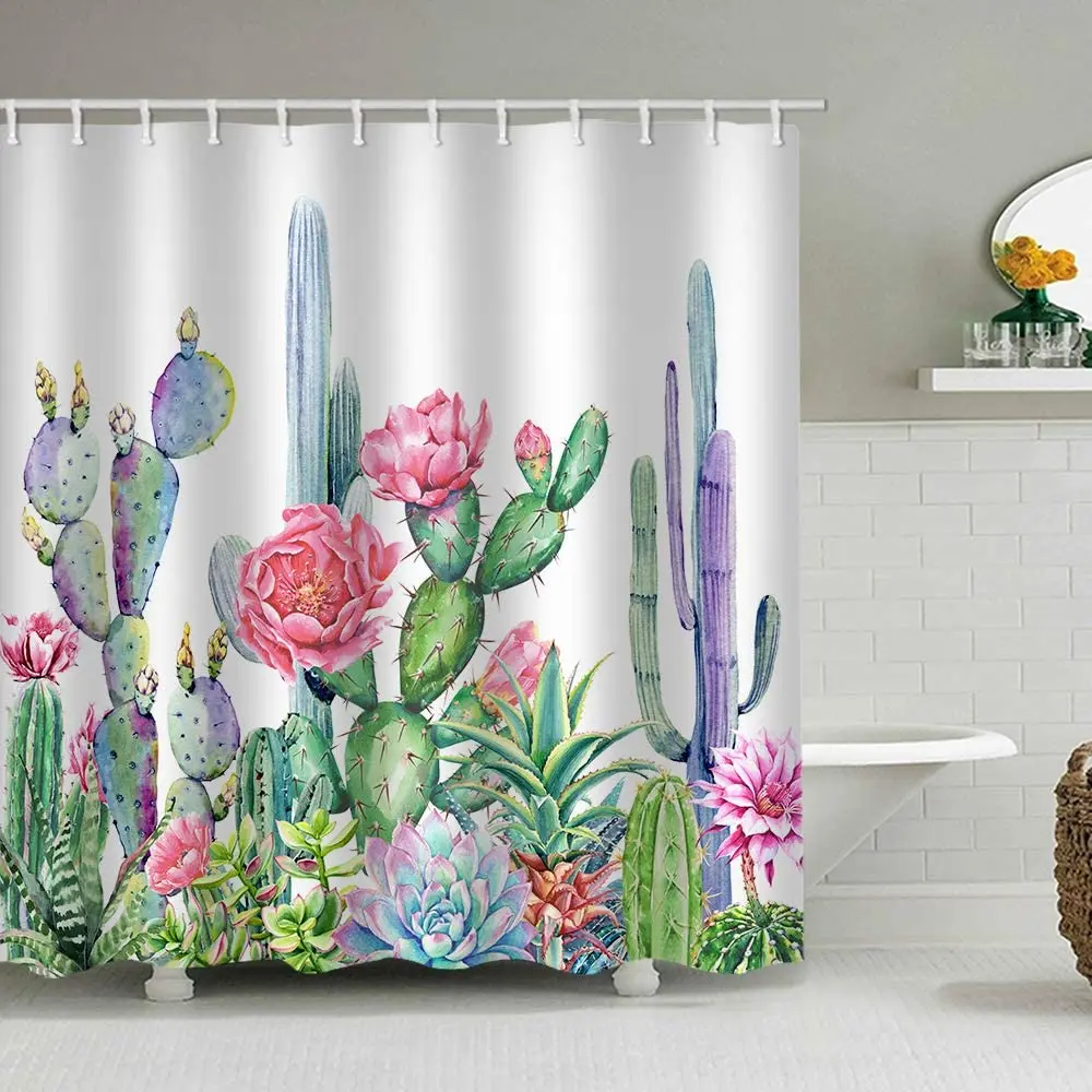 

Занавеска для душа из ткани с кактусами, тропические растения, розовая фуксия, яркий цветок, зеленые суккуленты, декор для ванной комнаты с крючками