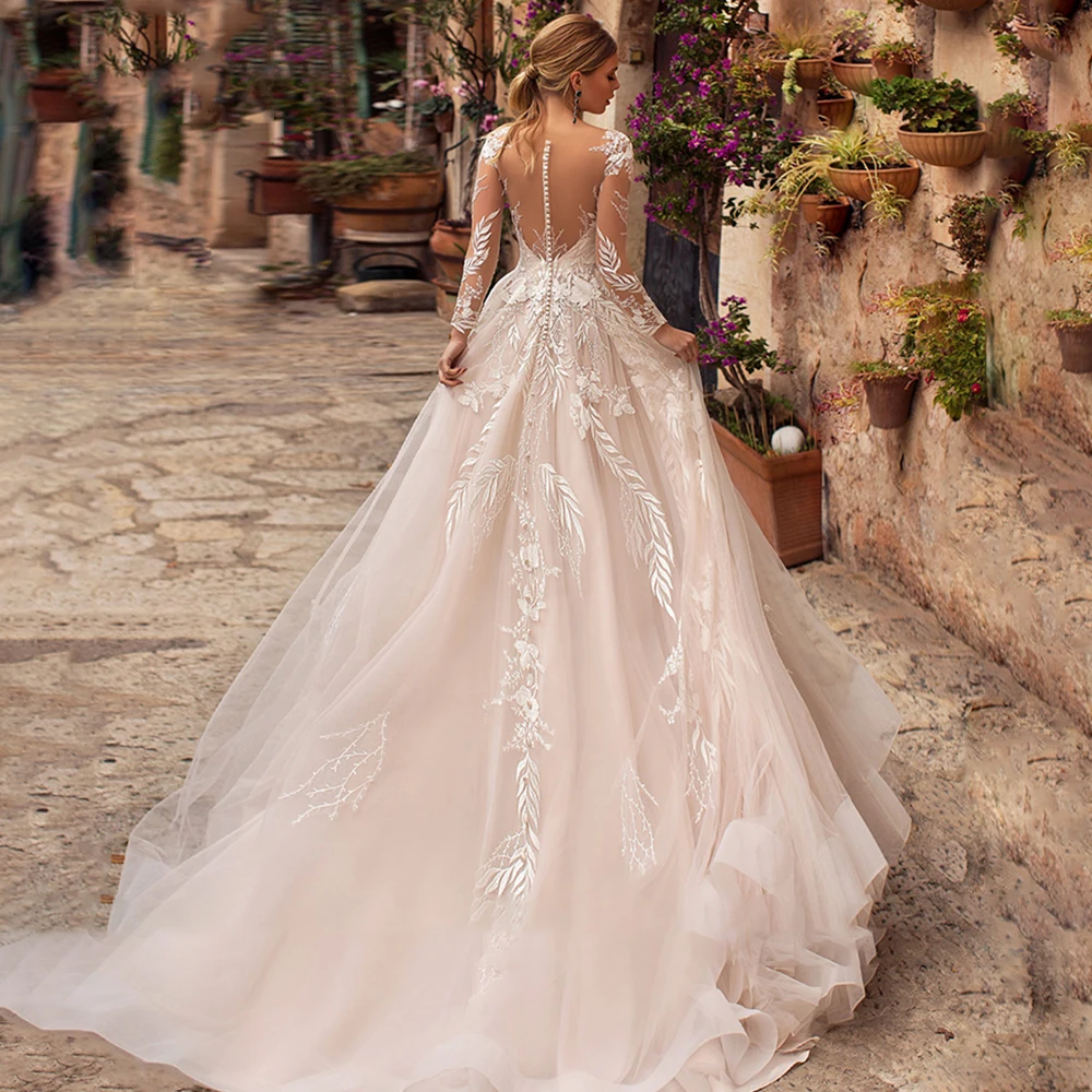 

Princess A-Line Wedding Dress Sexy V-neck Appliques Tulle Backless Long Sleeve Chapel Train Bridal Gowns 2021 Vestidos De Noivas