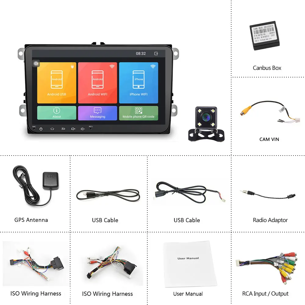 Camecho 2 Din Android 8,1 автомобильный Радио gps стерео MP5 плеер для Volkswagen Skoda Octavia Golf 5 6 touran passat B6 Jetta tiguan - Цвет: With 4 led camera