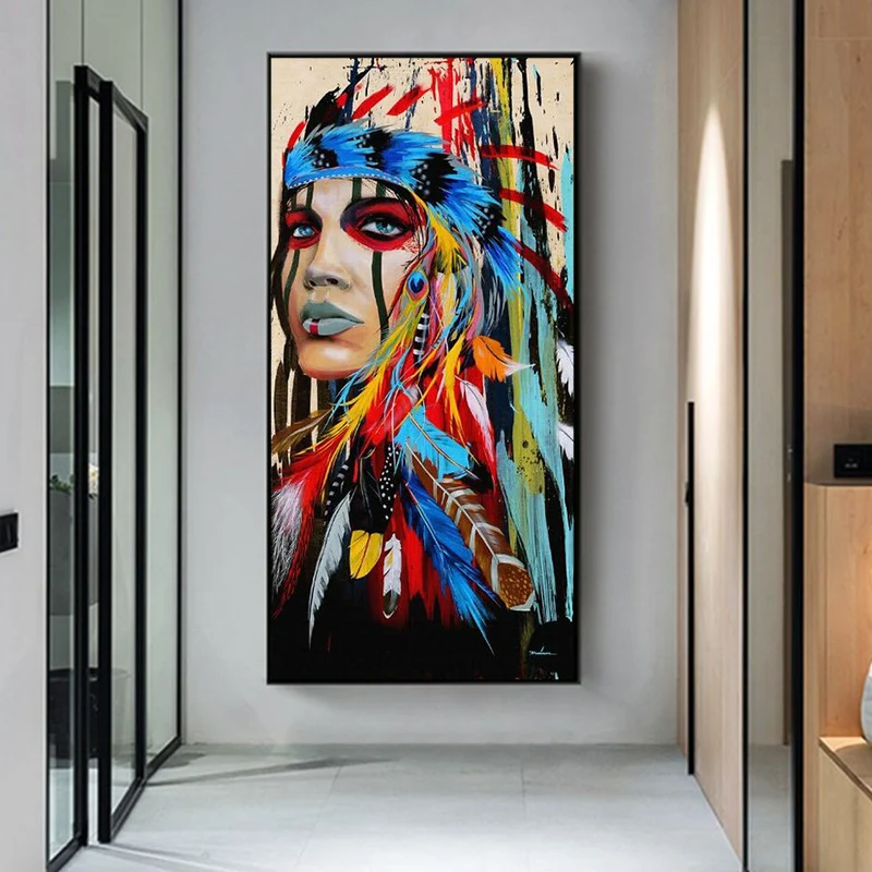 Поп арт акварельные индийская женщина и головной повязкой с пером из плотной