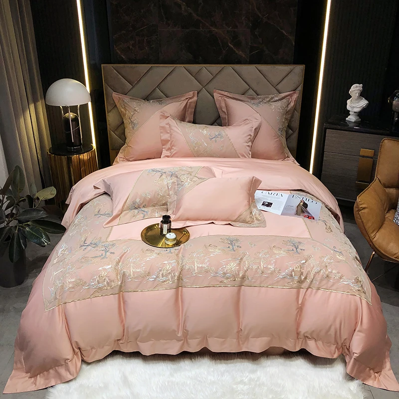 

Luxury Pink Champagne Egyptian Cotton Princess Bedding Set Lace Embroidery Satin Silky Duvet Cover Bed Sheet Pillowcases 4/7Pcs