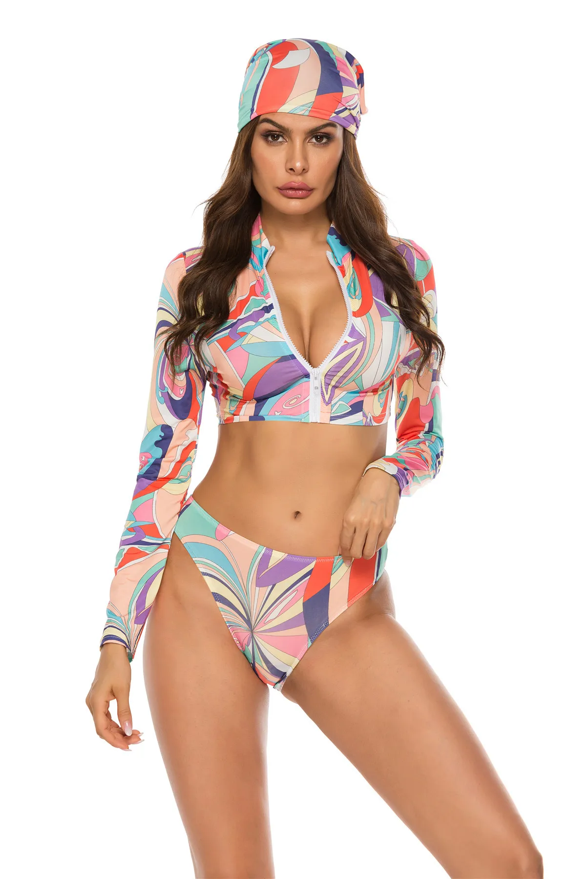

Conservative Print Ladies Split Long Sleeve New Swimsuit Swimwear 3-Piece Set Bikini Tiro Alto