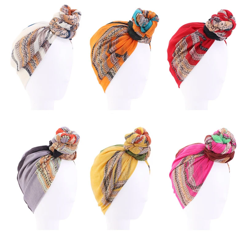 

Fashion Women African Print Turban Hat Reusable Big Knotted Night Cap Bonnet Hat Head Cover Bandana Headwrap Head Accessories