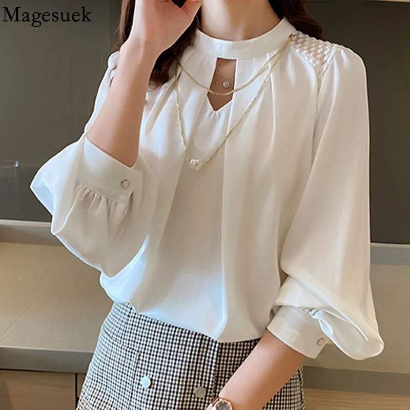 

Fashion Korean hollow Shirt Satin Long Sleeve White Blouse Women Back Button Lace Spliced Blouses Spring Office Lady Tops 13208