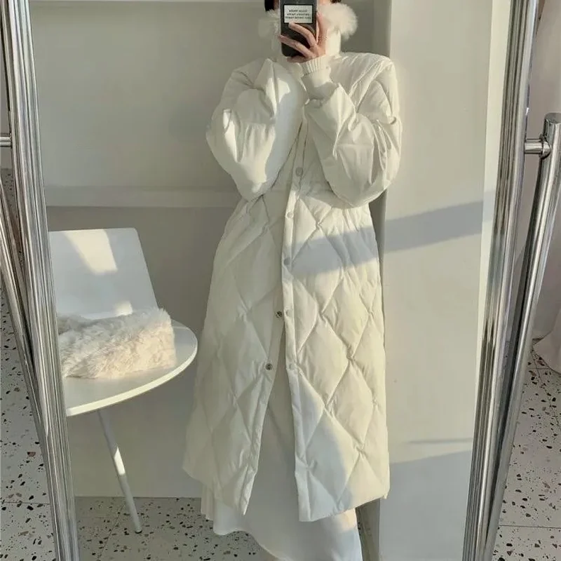 

Женская длинная парка с подкладкой, повседневная куртка большого размера с воротником из искусственного меха и узором ромбиками в Корейско...