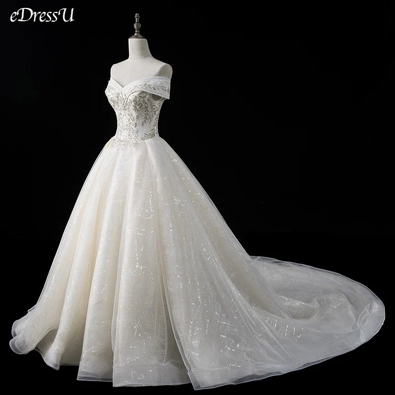 

Corset Bridal Dress 2020 Elegant Sequins Wedding Dress Monarch Train Wedding Gown V-Neck Lace up Dress Robe de Mairee OY-Q5875