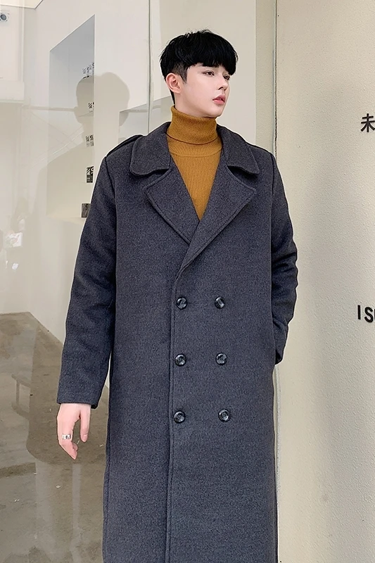 

Autumn/winter 2019 new slim medium long solid color double-breasted coat loose casual fashion personality youth men's wear