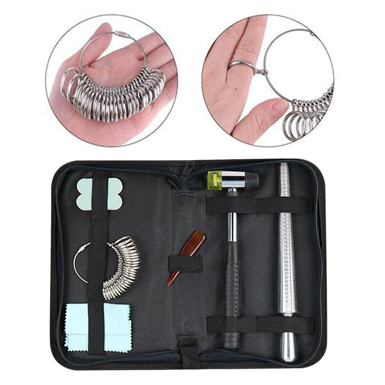 

Ring Sizer Measuring Tool Set UK Ring Mandrel Jewelry Hammer Zipper Bag