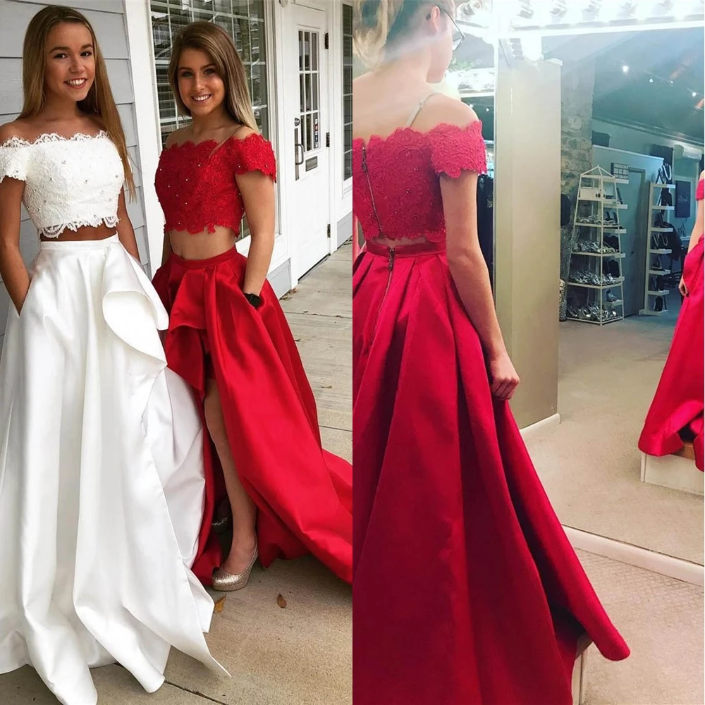 

Two Pieces Floor-Length Evening Dresses A Line NONE Train Applique Beaded Prom Party Gown Bateau Sleeveless Satin Dress