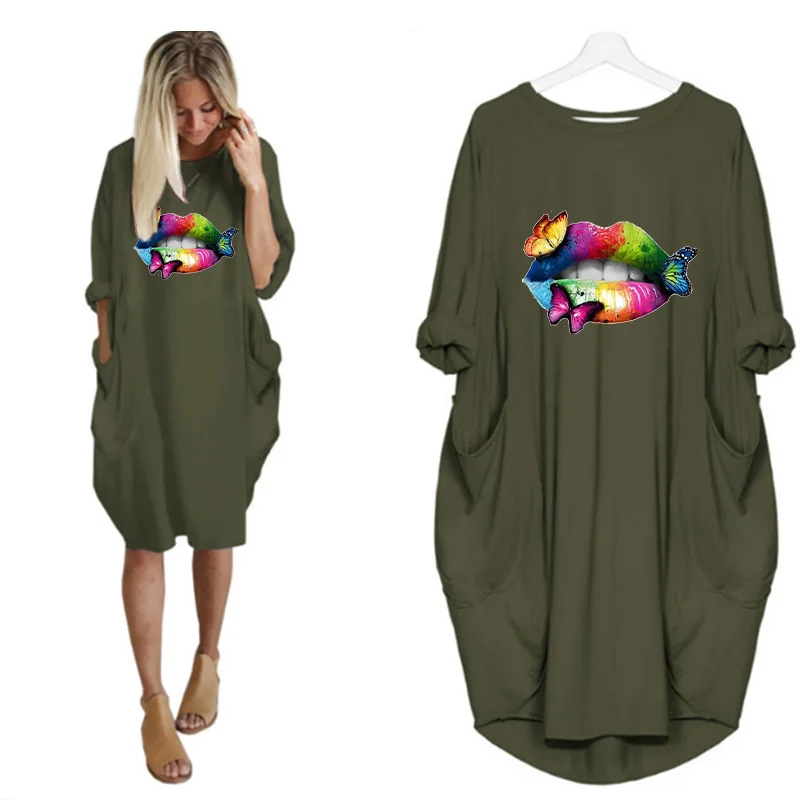 

2020 Women Midi Dress Butterfly Rainbow Lips Print Long Sleeve O Neck Pocket Casual Loose Plus Size Woman Vintage Vestidos Robes