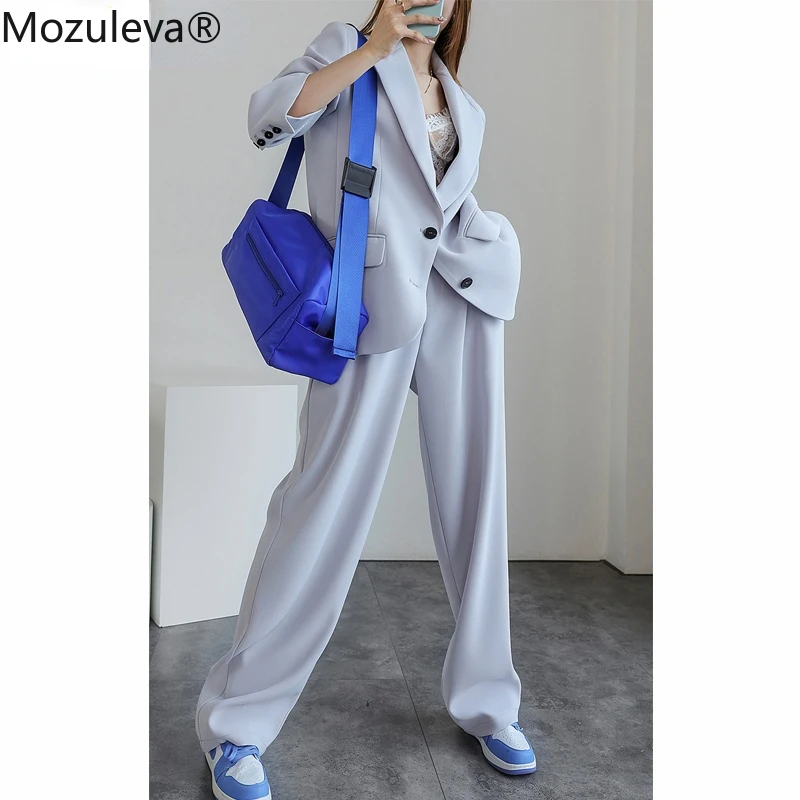 

Mozuleva Stylish Loose Women Pant Suits Notched Collar Single-breasted Jackets & Wide Leg Suit Pants Ladies 2 Pieces Blazer Set