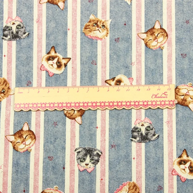 

Half Yard Thicken Cotton Fabric Retro Stripe Cat Print Handmade DIY Bag Decoration Cloth 100% Cotton CR-900