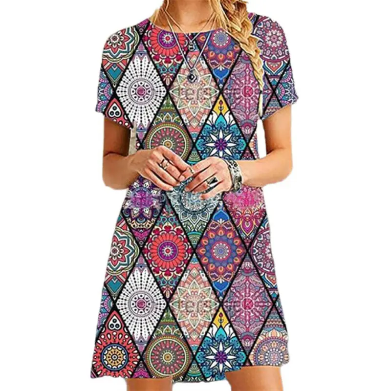

Womens Dress Vintage Printed Short Sleeve Crew Neck Mini Ladies Casual Summer Sundress Holiday Dress Women Clothing