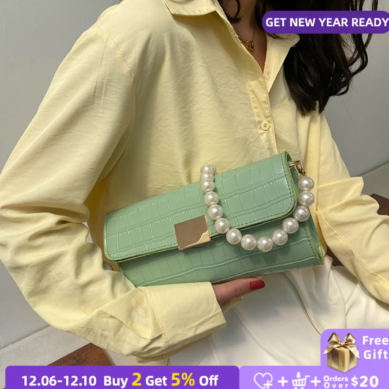 

Elegant Women Pearl Chain Handbags Simple Stone Pattern Female Shoulder Underarm Bags Solid Color PU Leather Ladies Clutch Purse