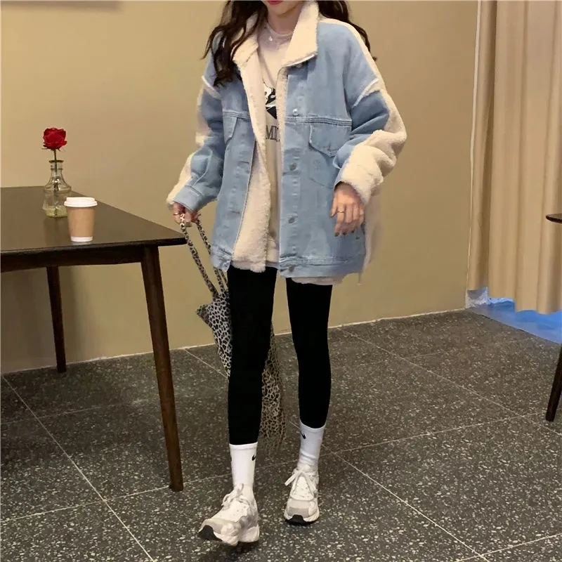 Женская джинсовая куртка из овечьей шерсти в стиле пэчворк повседневное плотное