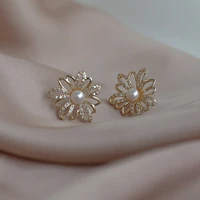 fashion elegant hollow flower pearl earrings for women aaa zircon earrings statement earring party wedding earring jewelry