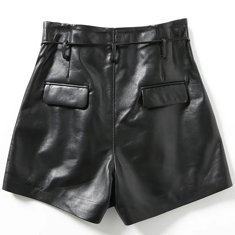 2021 New Fashion Womens Sexy Black Genuine Leather Sheepskin Lace Up Slim High Quality Female Straight Shorts Skirts 3XL
