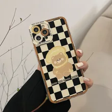 Retro chocolate Toast bread bear Plaid Phone Case For iPhone 13 12 11 Pro Max Xs Max Xr 7 8 Plus Lens Protection Case Cute Cover