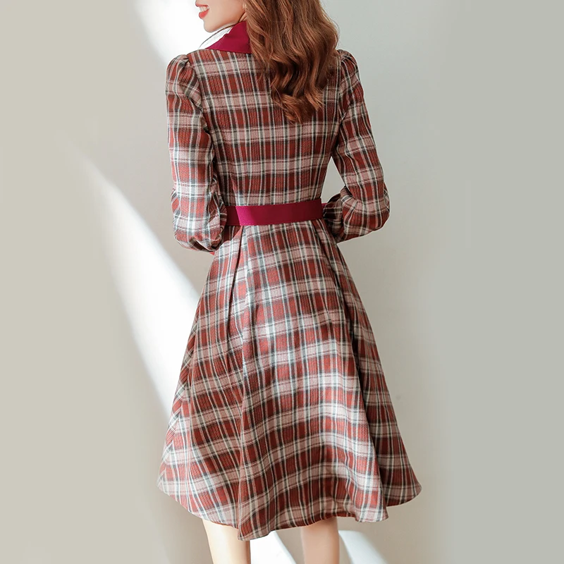 

JMPRS Temperament Women Party Dress Vintage Plaid Long Sleeve Belt A Line Midi Dress Elegant Spring High Waist Ladies Vestidos